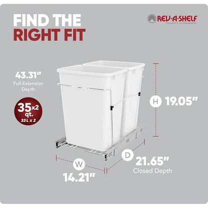 Rev-A-Shelf Double Pullout Garbage Trash Cans for Kitchen Cabinets, 35 Qt - color: White