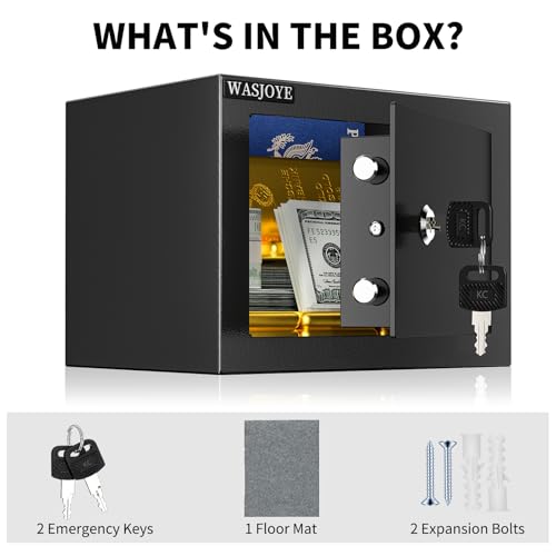 WASJOYE Small Safe with Key for Money, 0.25 Cu Ft Key Lock Box (Black) - size: 0.25 Cu Ft Black