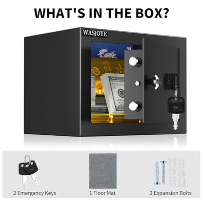 WASJOYE Small Safe with Key for Money, 0.25 Cu Ft Key Lock Box (Black) - size: 0.25 Cu Ft Black