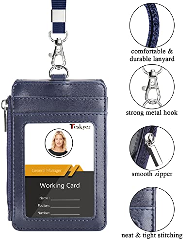 Teskyer Leather ID Badge Holder with Lanyard, Lanyard Wallet, Blue - color: Blue, size: 3.1" x 4.7"