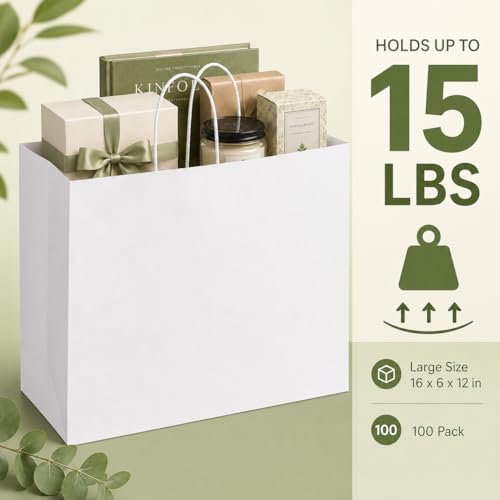 MESHA Gift Paper Bags White Large 16x6x12 100 Pack,Kraft Bags with Handles - color: White