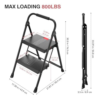 TOOLF 2 Step Ladder, Folding Steel Step Ladder with Handrail, Black - size: 2 Step Ladder
