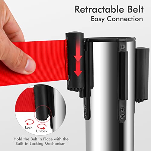 Goplus 6Pcs Stanchion Post, Stainless Steel Stanchions with 6.5' Retractable Belt, Posts Queue Pole, 35"Height Crowd Control Barrier for Party Supplies (Red)