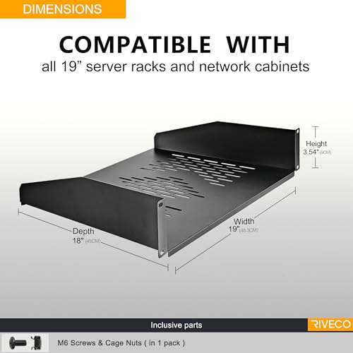 RIVECO 2U Server Rack Shelves for 19" Network Cabinet, Rack Mount Vented Cantilever Trays for Deep IT & Audio Equipment, 18" Depth, 2 PCS Black - size: 18 Inch