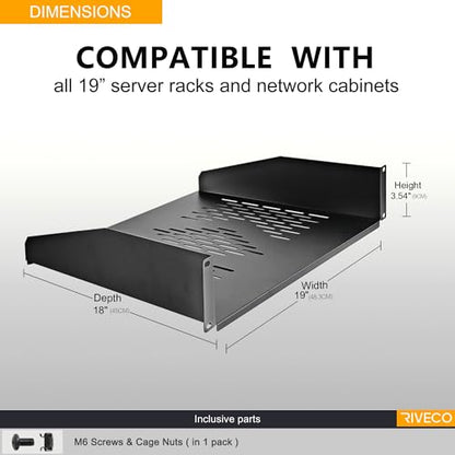 RIVECO 2U Server Rack Shelves for 19" Network Cabinet, Rack Mount Vented Cantilever Trays for Deep IT & Audio Equipment, 18" Depth, 2 PCS Black - size: 18 Inch