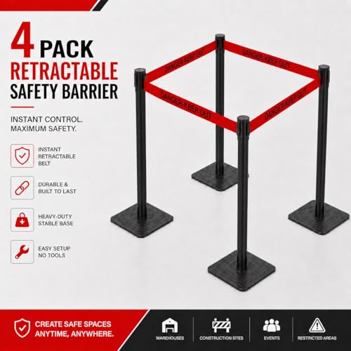 4-Pack Black Crowd Control Stanchions with 10FT Red Retractable "Danger Keep Out Belt", Heavy Duty Safety Barrier Posts for Construction, Warehouses & Events - color: Danger Keep Out Belt, size: Rectangular Base