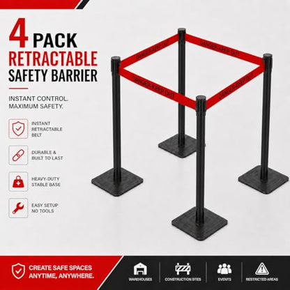 4-Pack Black Crowd Control Stanchions with 10FT Red Retractable "Danger Keep Out Belt", Heavy Duty Safety Barrier Posts for Construction, Warehouses & Events - color: Danger Keep Out Belt, size: Rectangular Base