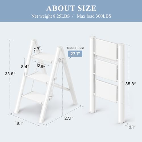 3 Step Ladder, Foldable Aluminum Step Stool with Anti-Slip Pedal - color: White, size: 3 Step