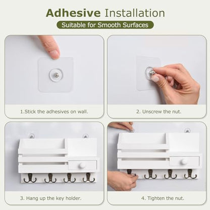 Key Holder Wall Mount, Wooden Key and Mail Organizer, White - color: White