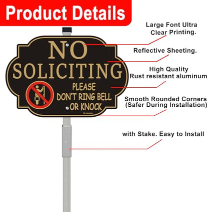 No Soliciting Sign for House, No Soliciting Sign for yard Sign with Stake 12" x 8" Heavy Duty Aluminum Signs & 28" Long Metal Stakes, Easy to Mount, Rust-Free & Fade Resistant - style: 1pack with stake