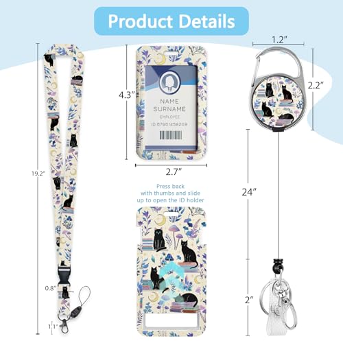 Gctriki Cat Book Lanyards for ID Badges, Badge Holder Retractable Clip - color: Black Cat Books