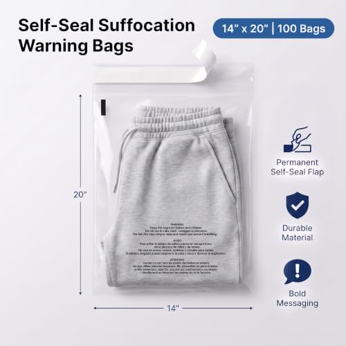 14” X 20” (100 Count) Self Seal Clear Poly Bags with Suffocation Warning - size: 14" X 20"