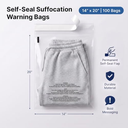 14” X 20” (100 Count) Self Seal Clear Poly Bags with Suffocation Warning - size: 14" X 20"