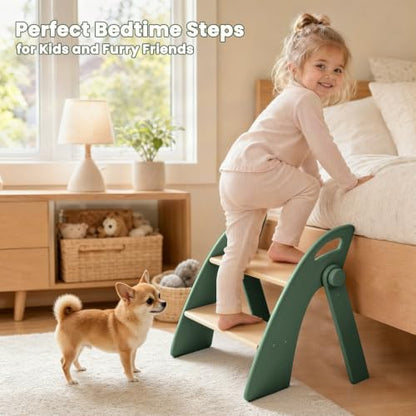 Step Stool for Toddlers, Foldable Wooden 2 Step Stool, Toddler Step Stool for Bathroom Sink & Potty Training, Kitchen Helper with Handles and Non-Slip Pads(Dark Green) - color: Dark Green