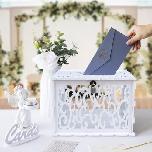 Hollow Wedding Card Box with Lock, White Gift Card Box for Reception - color: White
