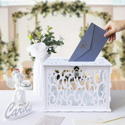 Hollow Wedding Card Box with Lock, White Gift Card Box for Reception - color: White