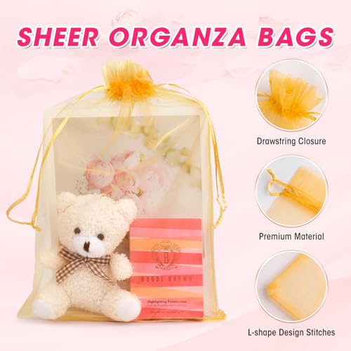 ANZNKU 50 Pcs Large Organza Bags 8x12, Gold Small Mesh Gift Bag Drawstring - color: Gold