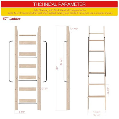 87in Solid Wood Sliding Library Ladder,10 Step Wooden Ladder with Handrails - size: Height 87"