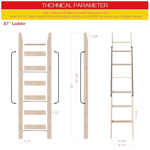 87in Solid Wood Sliding Library Ladder,10 Step Wooden Ladder with Handrails - size: Height 87"