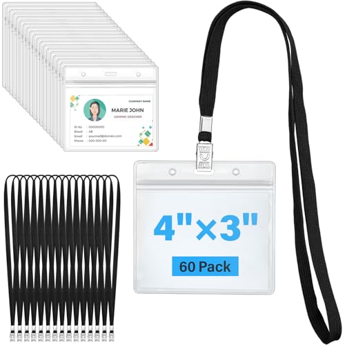 60 Pack Horizontal Badge Holders 4×3 Inches and 60 Pack Black Lanyards