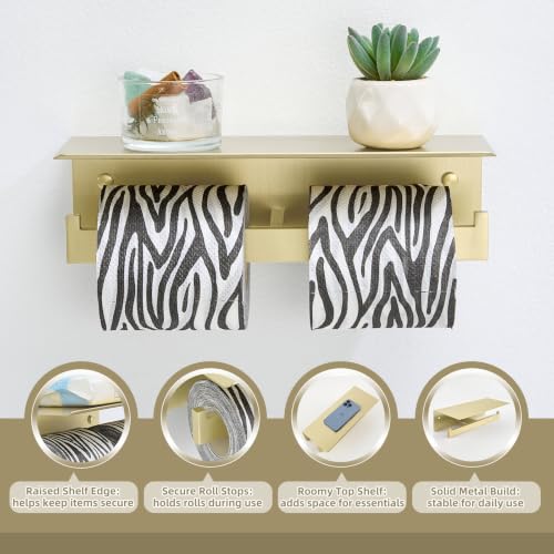 APLusee Brushed Gold Double Toilet Paper Holder with Shelf, 304 Stainless Steel Wall Mount Tissue Roll Holder for Bathroom - color: Brushed Gold, size: Double Rod