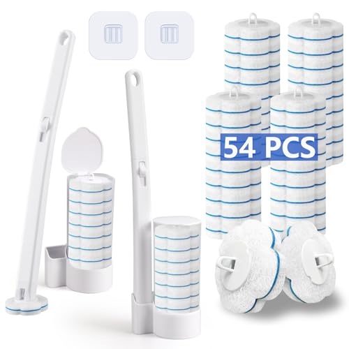Disposable Toilet Brush and Holder Set 2 Pack，Extended Handle with 54 Cleaner Refills Toilet Brush for Toilet Bowl Cleaners，Bathroom Cleaning，Bathtub，Sink - White - size: 2 set+54 refills-White