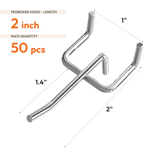 JEAWIWI 50 Pack Metal Pegboard Hooks, 2 Inch, Fit 1/4 & 1/8 in Peg Board - color: Silver, size: 2in 50pcs