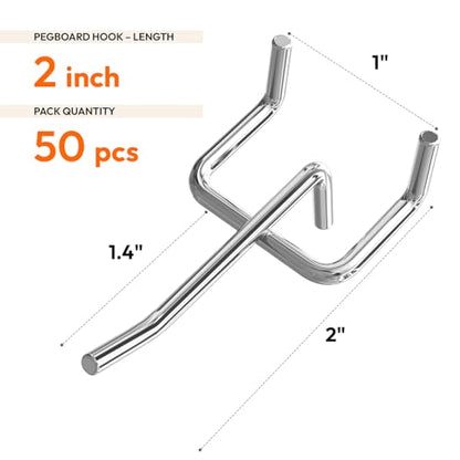 JEAWIWI 50 Pack Metal Pegboard Hooks, 2 Inch, Fit 1/4 & 1/8 in Peg Board - color: Silver, size: 2in 50pcs