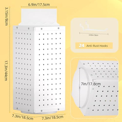 Urban Deco 360° Rotating Pegboard Display Stand with Signage, 4-Sided Spinning Peg Board Stand with 24 Hooks for Jewelry, Earring & Keychain Holder Displays for Craft Shows & Vendor Events (White) - color: White