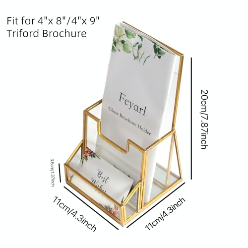 Feyarl Gold Glass Brochure Holder Pamphlets Cards Literature Holder Flyer for 4" Trifold Holder Glass Display Stand with Business Card Holder for Brochures Magazines Literatures Display Countertop