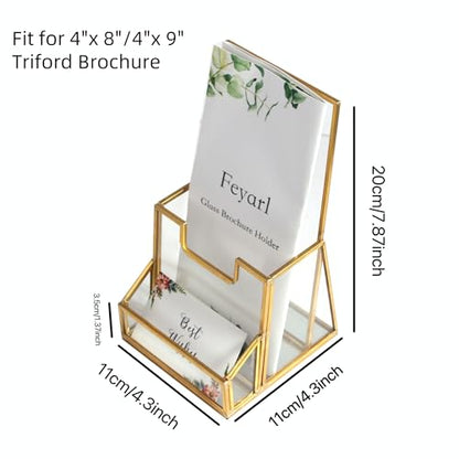 Feyarl Gold Glass Brochure Holder Pamphlets Cards Literature Holder Flyer for 4" Trifold Holder Glass Display Stand with Business Card Holder for Brochures Magazines Literatures Display Countertop