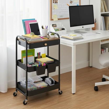 danpinera Rolling Cart with Drawers, Black Storage Cartwith Locked Wheels, Hooks & Hanging Cups for Any Room - color: Black