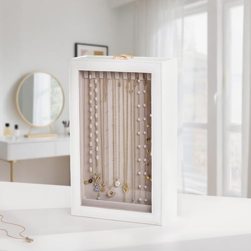 Lolalet Necklace Organizer Box, Jewelry Display Case, White, 2 Layers - color: White, size: 2 Layers, 20 Hooks