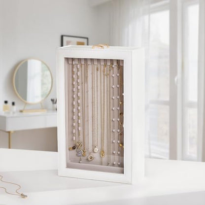 Lolalet Necklace Organizer Box, Jewelry Display Case, White, 2 Layers - color: White, size: 2 Layers, 20 Hooks