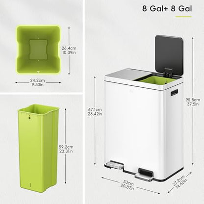 EKO Edison 8+8 Gallon Dual Trash Can for Recycling and Trash, Stainless Steel Kitchen Step Can with Dual Removable Inner Bucket, Independent Lids and Pedals, White - color: Matte White, size: 30L+30L