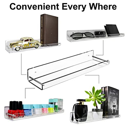 AMT 2 Pack Acrylic Floating Shelves, 15" L x 4" W, Clear Bathroom Wall, Bookshelves, Invisible Display for Office, Bedroom, Small Gap Allows Water to Escape, Free Screws & Drill Bit (L- New Model) - size: Large - New Model