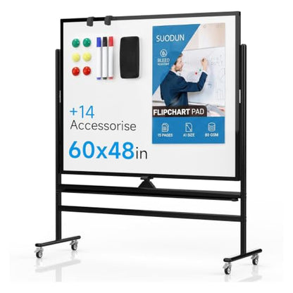 Mobile Rolling Whiteboard on Wheels 60"x 48" Double-Sided Magnetic - color: Black, size: 60X48