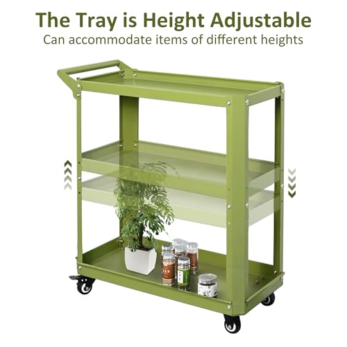 3 Tier Metal Utility Rolling Cart with Wheels, Green - color: Green
