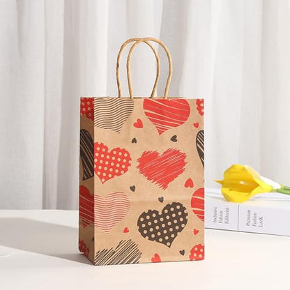 piqiya 24pcs Valentine Gift Bags Bulk,Kraft Paper Gift Bag with Handle,Valentines Gift Bags for Gift Wrapping,Anniversary,Valentine‘s Day Party - color: mix heart