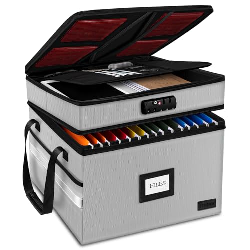 Fireproof File Oganizer with Lock, 2 Layer Fireproof Document Box Storage - color: Grey, size: 42L