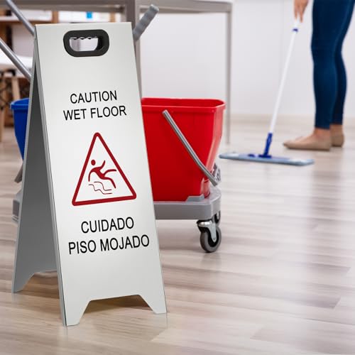 MorningRo 2 Pcs 24 Inch Stainless Steel Wet Floor Sign, Silver - color: Silver