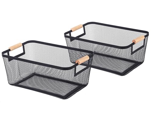 2-Pack Metal Mesh Basket, Large Wire Storage Organizer with Wood Handle for Kitchen Pantry, Bathroom, Cabinet, Closet, Picnic & Home Organization, Large, Black - color: Black, size: 2Pack-Large