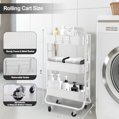 MAX Houser Slim 3-Tier Rolling Utility Cart with Extra Hook, White - color: White, size: 3-Tier Narrow Cart