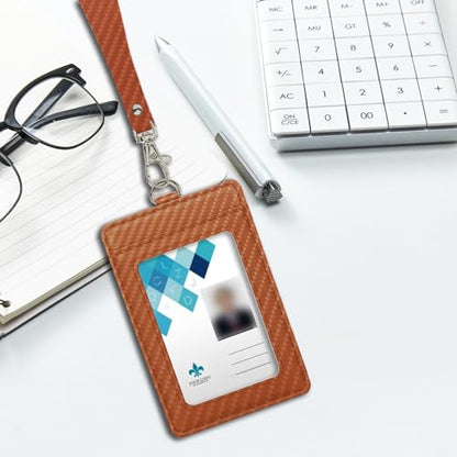 Carbon Fiber Work ID Card Holder with Lanyard,Brown - color: Color a
