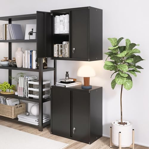 Metal Wall Cabinet, Steel Cabinet Wall Mounted, Lockable Storege Cabinet with Doors and Shelves, Upper Cabinets for Home Office, Pantry, Garage, Black - color: 28"h - Black