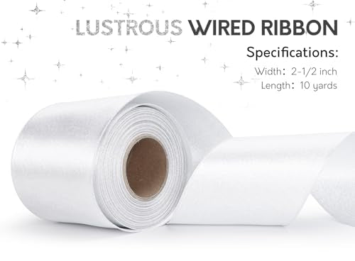 Keypan White Satin Ribbon Wired Silver Glitter 2-1/2 Inch x 10 Yards - color: Glitter White, size: 2-1/2"