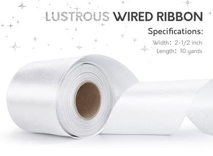 Keypan White Satin Ribbon Wired Silver Glitter 2-1/2 Inch x 10 Yards - color: Glitter White, size: 2-1/2"