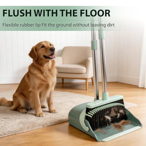 YZO Broom and Dustpan Set, 54.33 Inch Long Handle Standing Design, Dustpan Front Rubber Tight Seal, Broom with 5 Layer Bristles, Suitable for Living Room, Bedroom, Yard, Office (Green) - color: Green