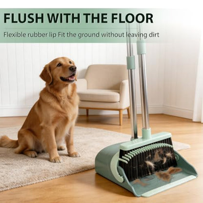 YZO Broom and Dustpan Set, 54.33 Inch Long Handle Standing Design, Dustpan Front Rubber Tight Seal, Broom with 5 Layer Bristles, Suitable for Living Room, Bedroom, Yard, Office (Green) - color: Green