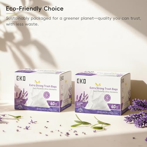 EKO 21 Gallon / 50-90 Liter, Drawstring Trash Bags, Extra-Strong Garbage Bags,Lavender Scent with Continuous Odor Control, Easy-Dispense Roll -Kitchen&Household Use,CodeG, White 60 Count (Pack of 4) - size: 60 Count (Pack of 4), style: 21 Gallon Bags/Code